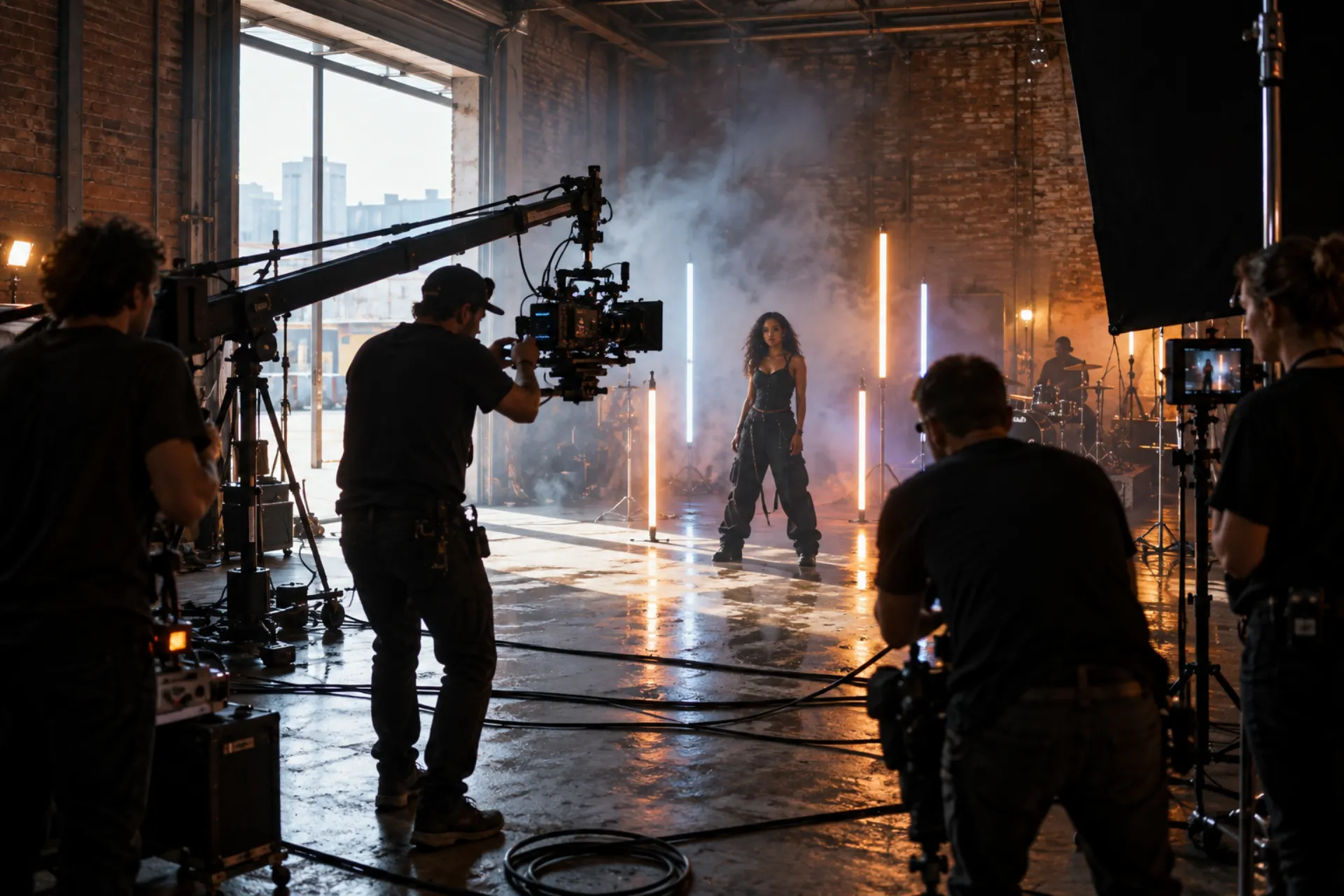 Illustration of a music video being filmed in a New Jersey warehouse